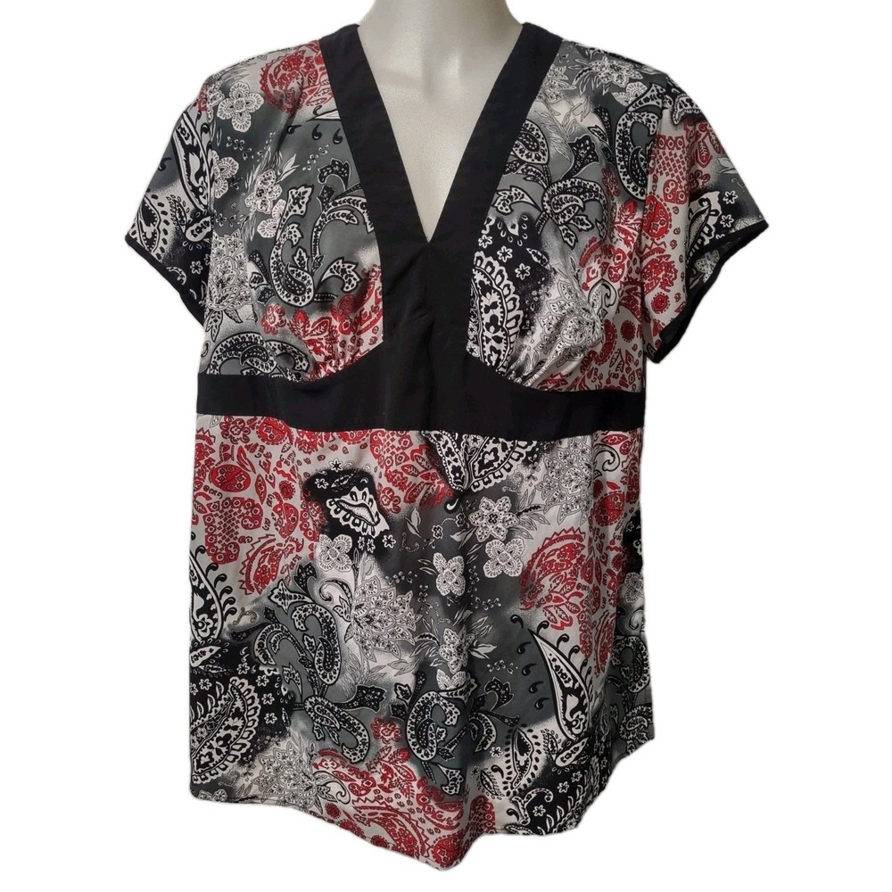 Fashion Bug Top Womens Plus Paisley Boho Y2K Red Black V-Neck Empire Blouse